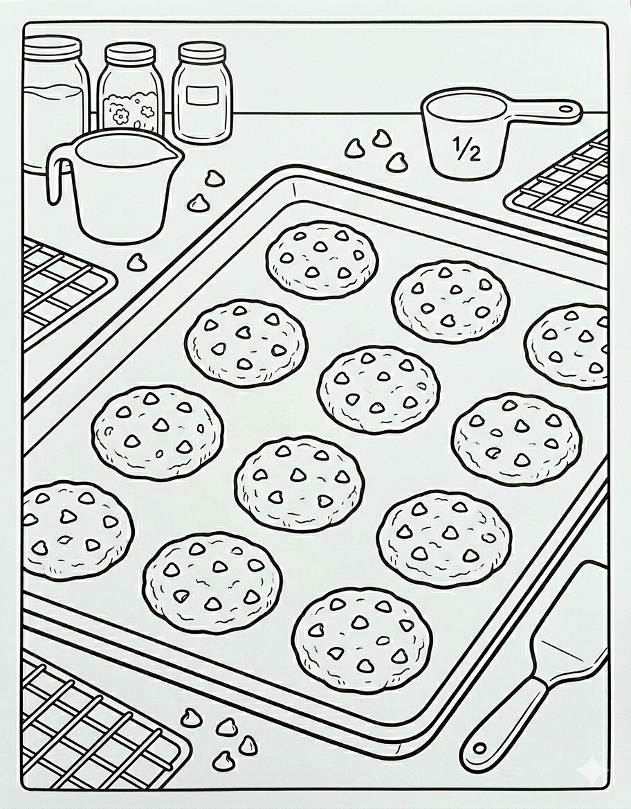 Coloring sheet showing a tray of chocolate chip cookies fresh from the oven